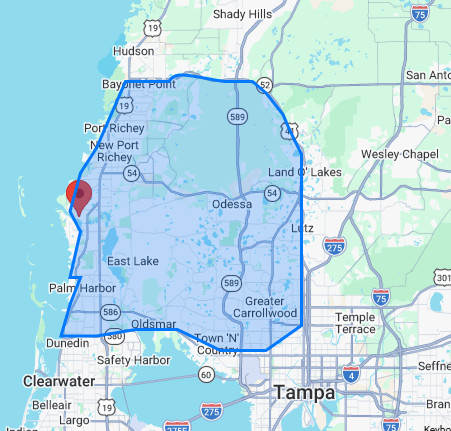 Map of the Drop & Fold Laundry pickup and delivery service zone across Trinity, Odessa, New Port Richey, Holiday, Tarpon Springs and East Lake